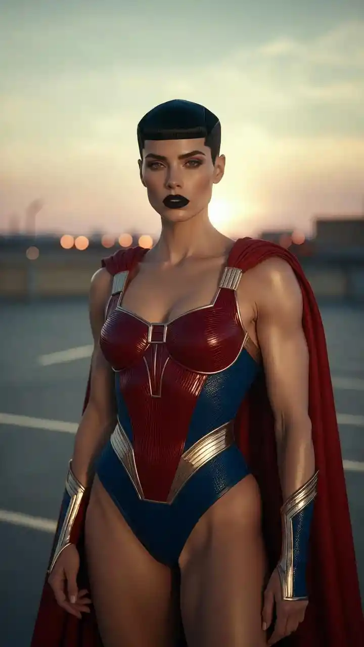 Powerful fashion heroine in cape at urban parking lot