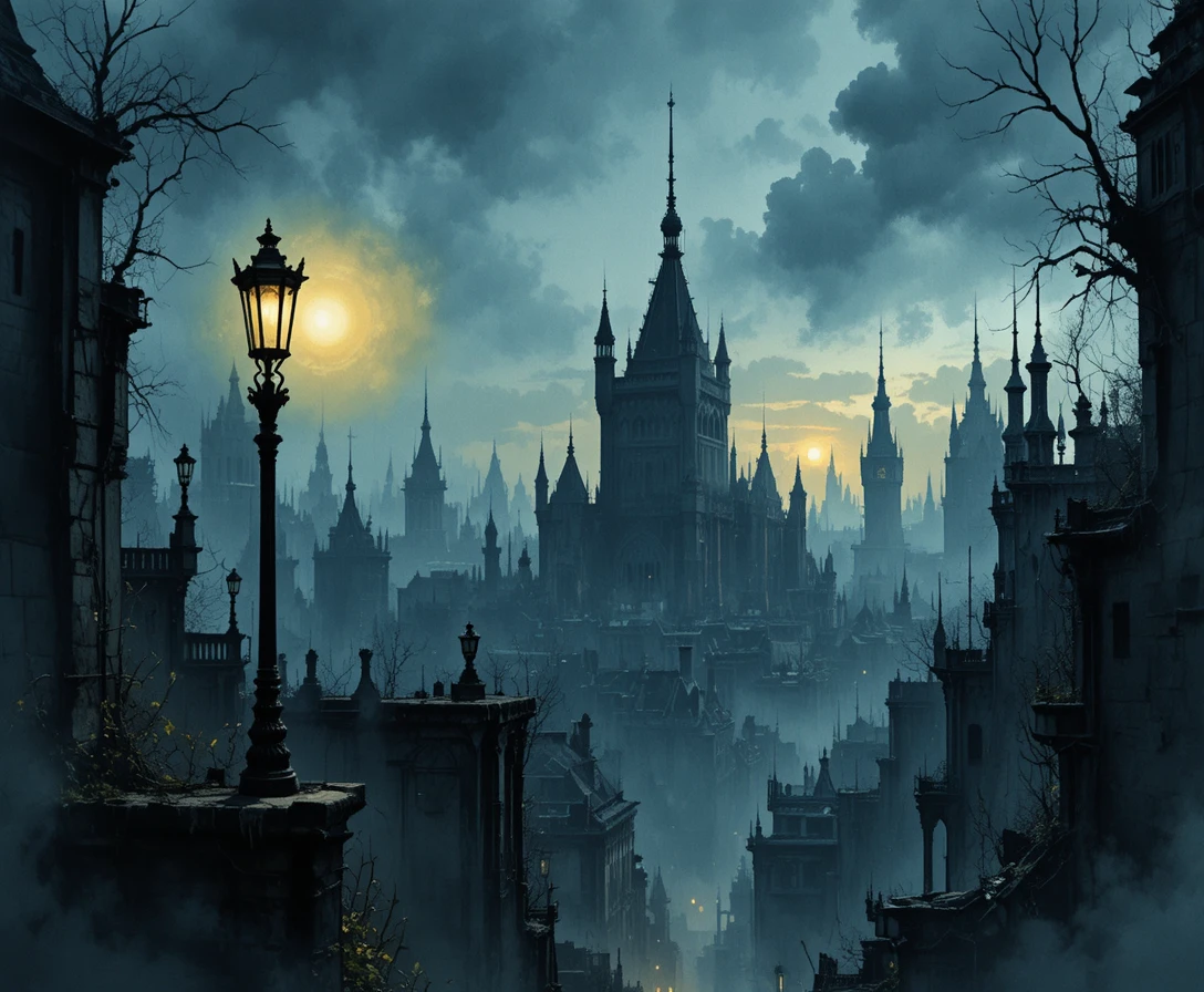 Ominous gothic city street at dusk with lone streetlamp
