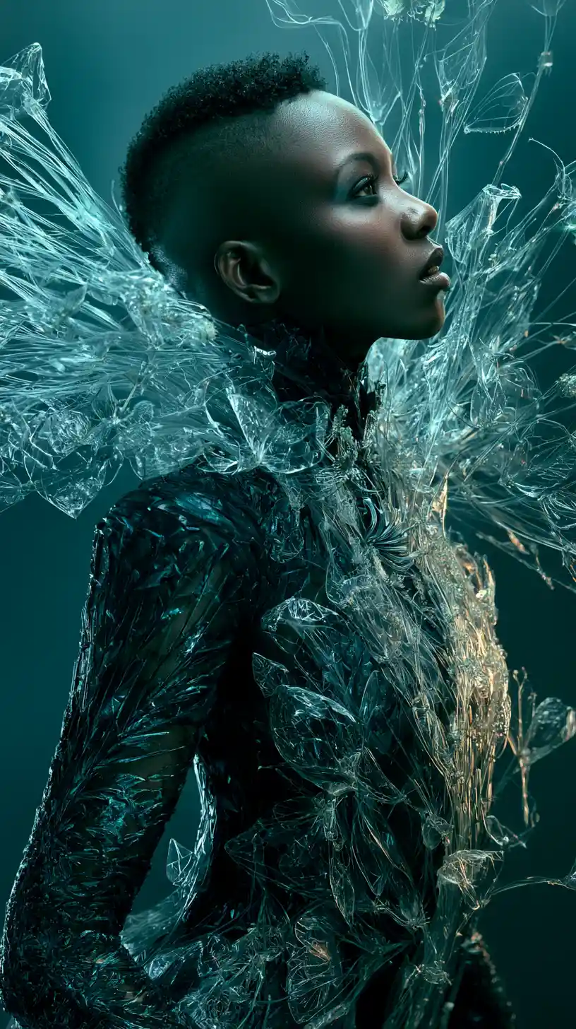 Confident ebony model in avant garde crystalline couture