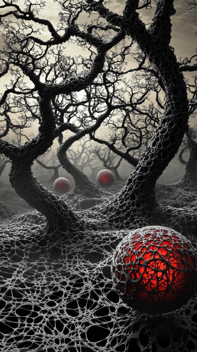 Surreal forest of skeletal trees with glowing fruit orb