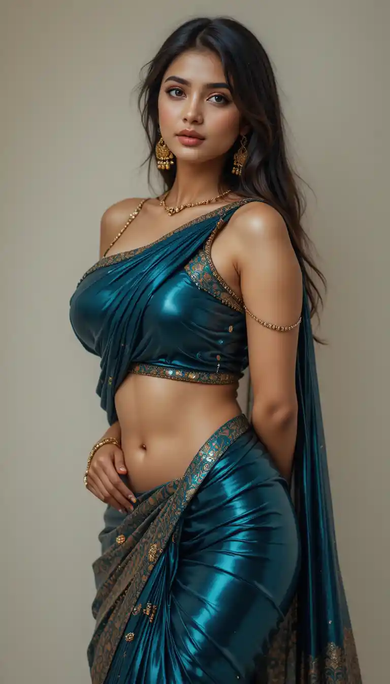 Tamil woman in glossy saree with seductive full body pose