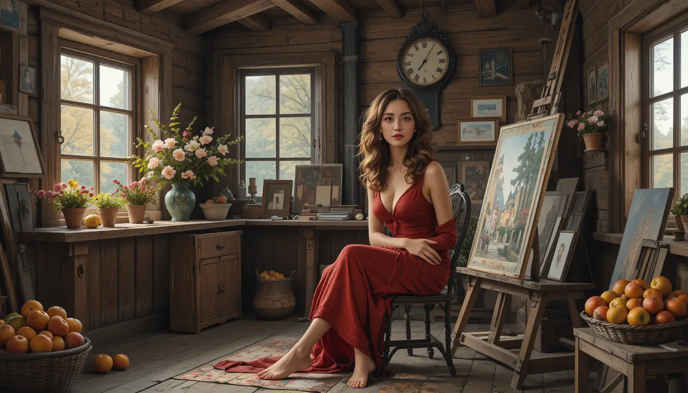 Young woman painting in a moonlit rustic studio
