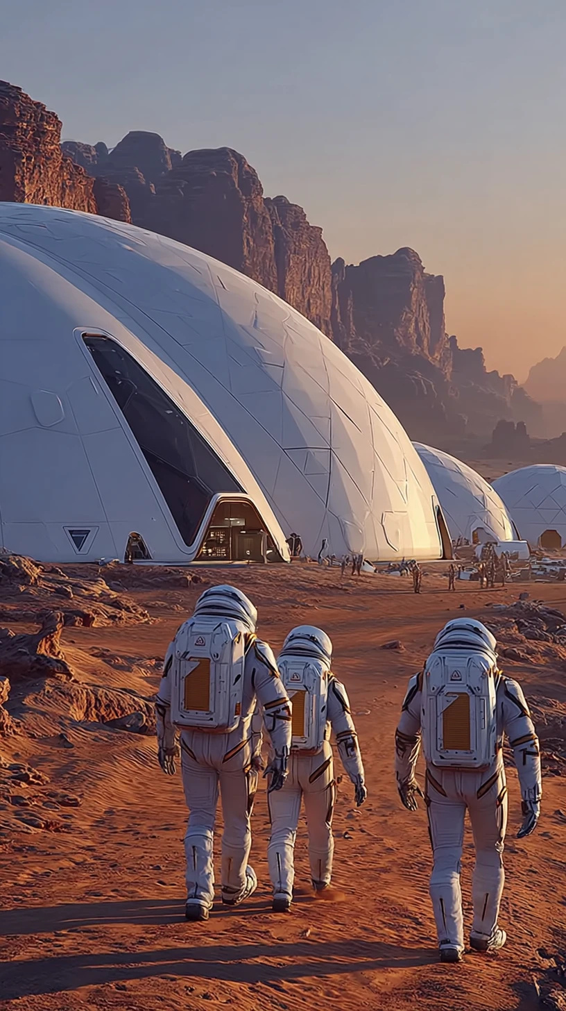 Astronauts approach a futuristic mars base at sunrise