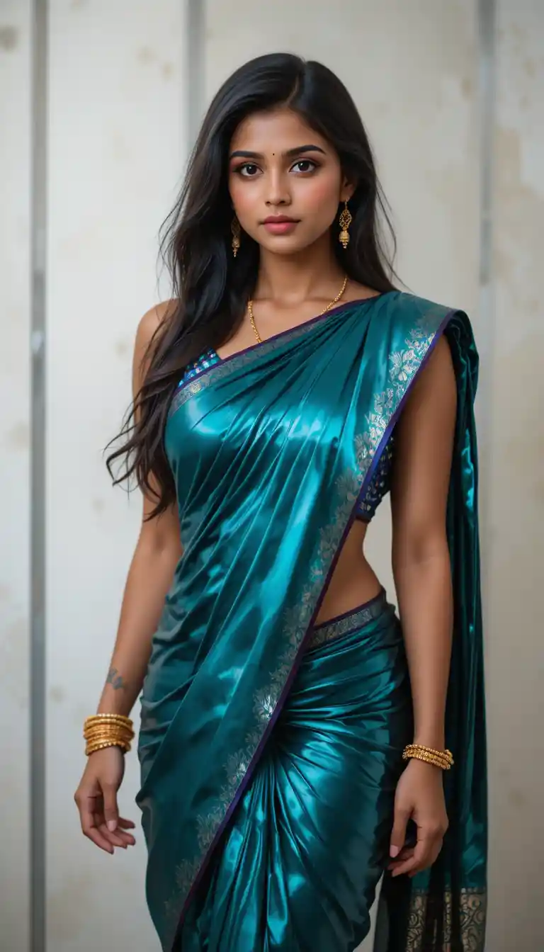 Tamil woman in glossy saree with exposed navel pose