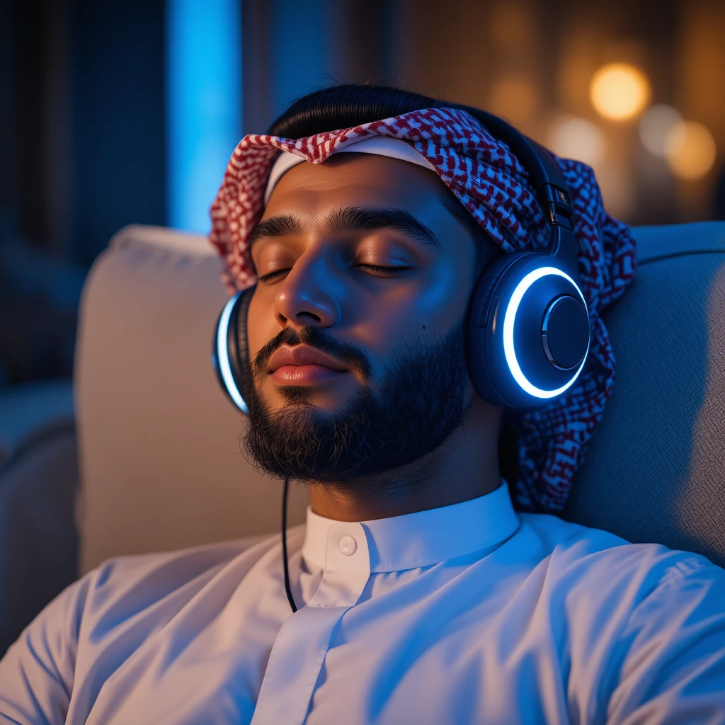Middle Eastern man relaxing with headphones on sofa at night