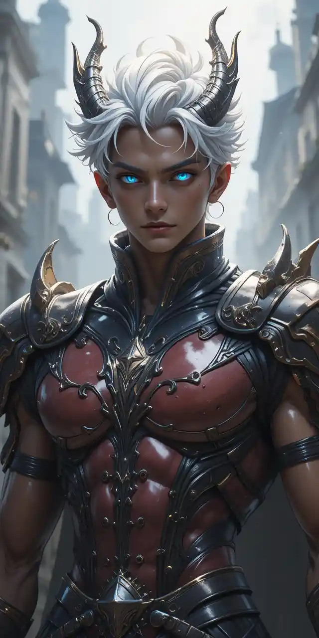 Powerful anime warrior with draconic armor and glowing blue eyes