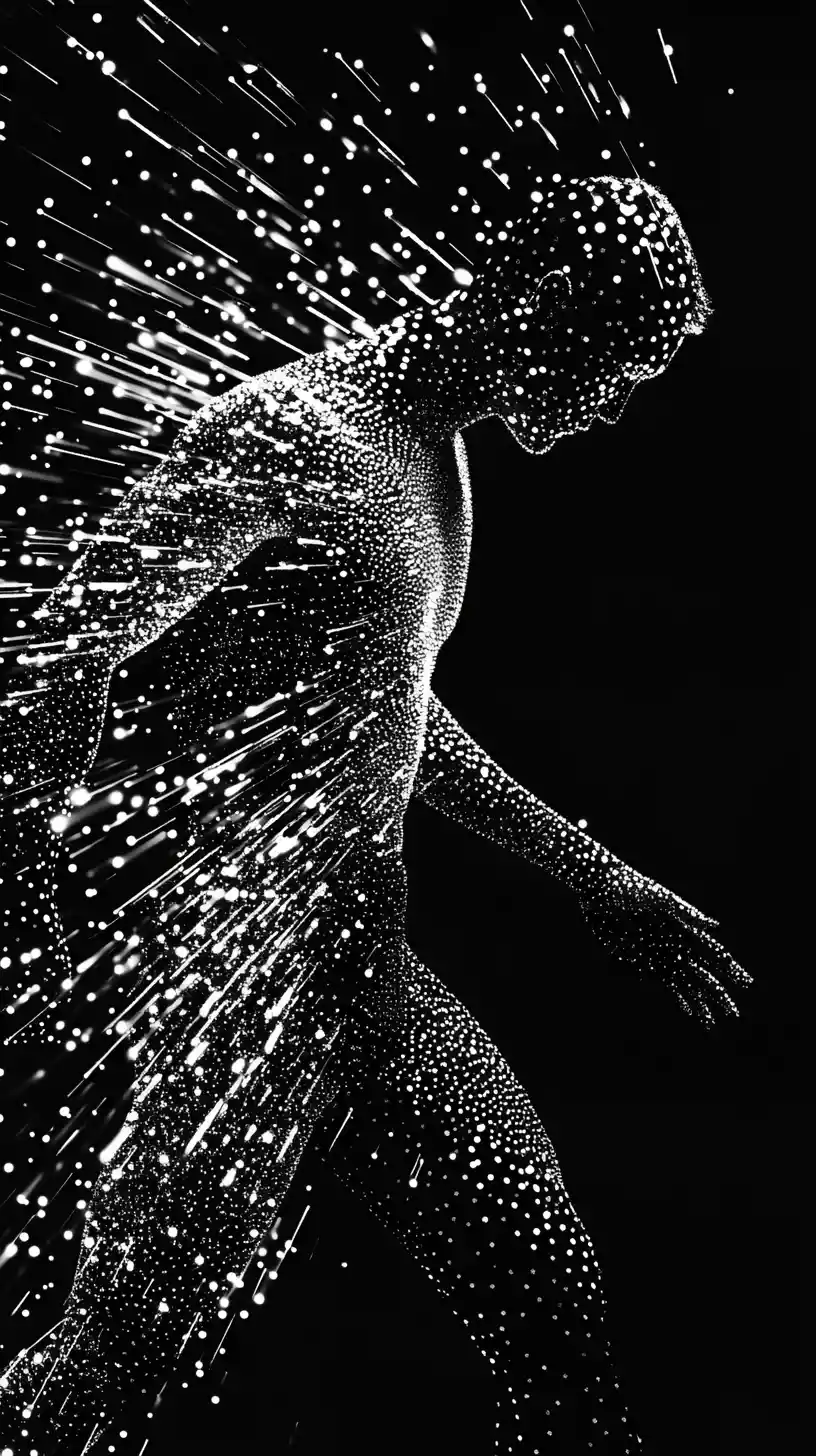 Human figure dissolving into expanding geometric dot pattern