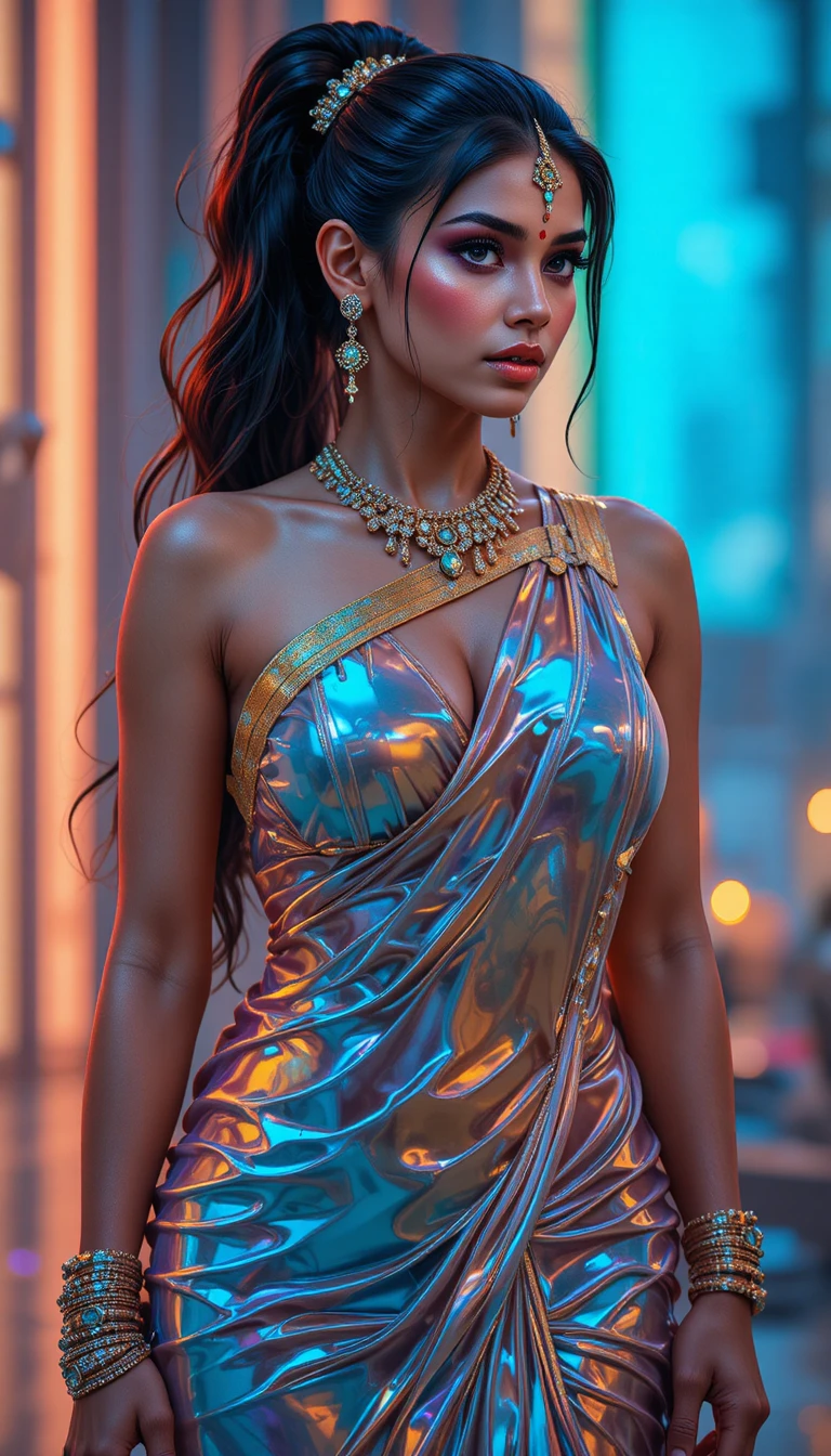Indian woman in glossy mirror saree full body portrait