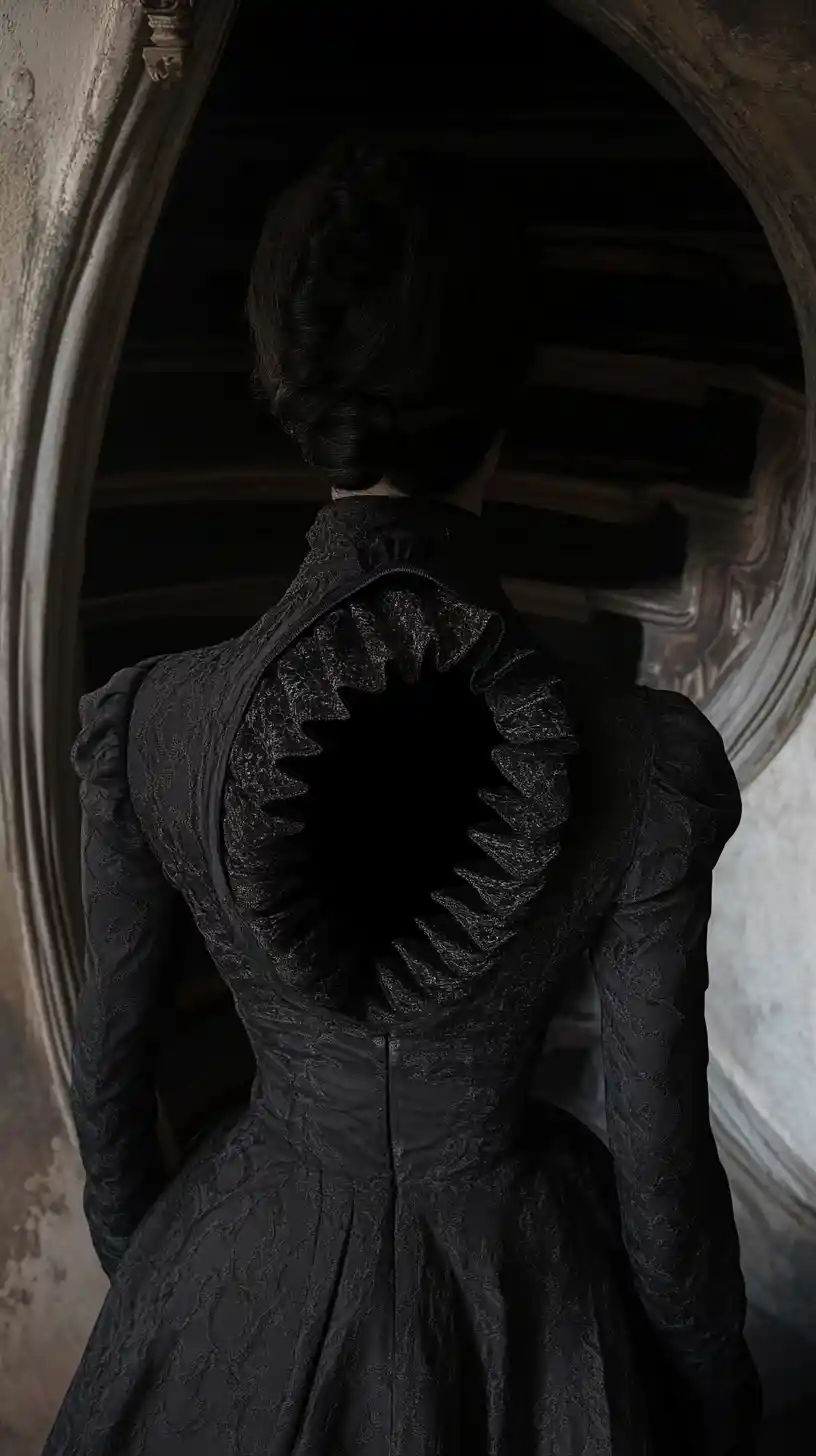 Surreal couture figure with stairway hidden in collarbone
