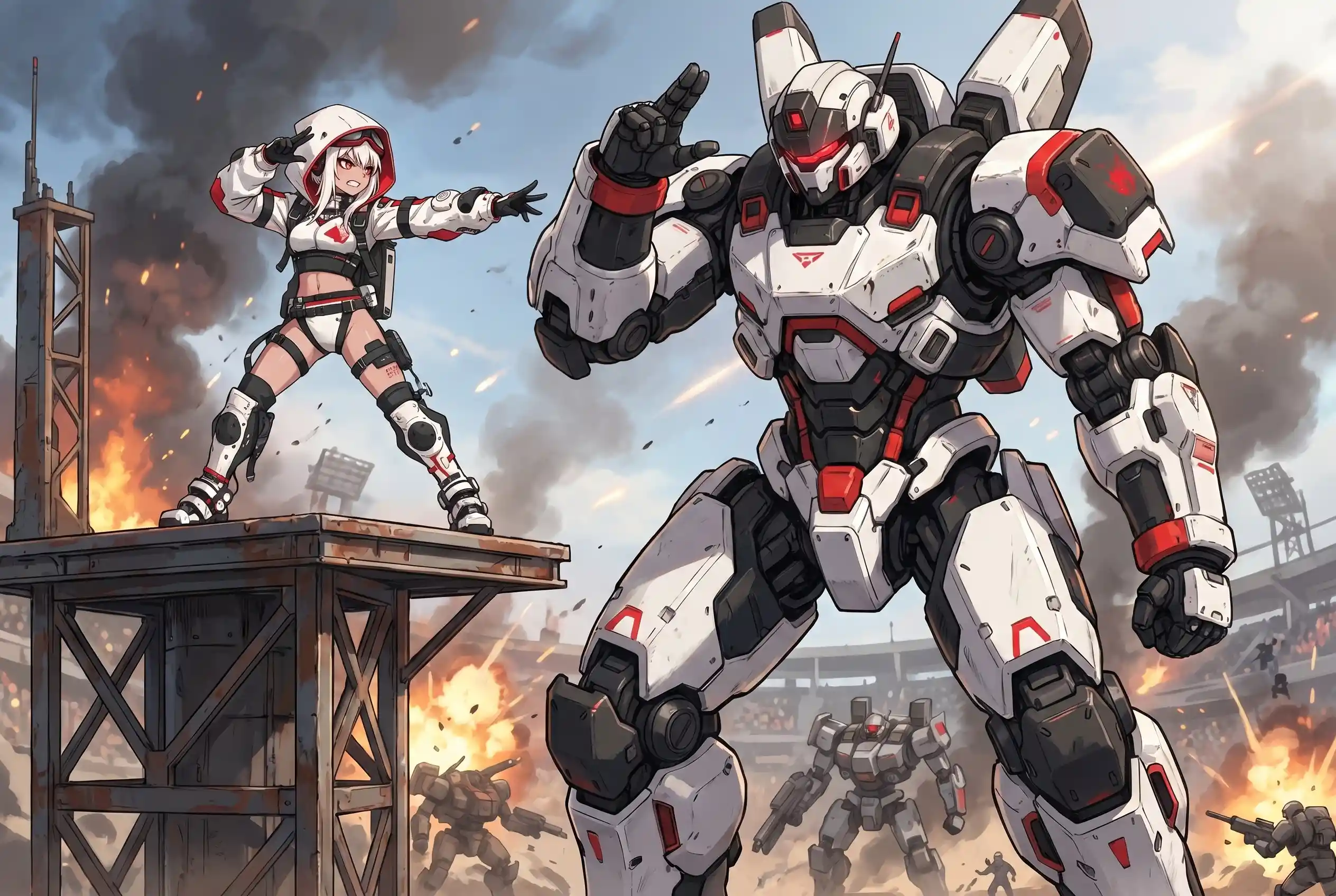Anime heroine and giant mecha posing in battle arena