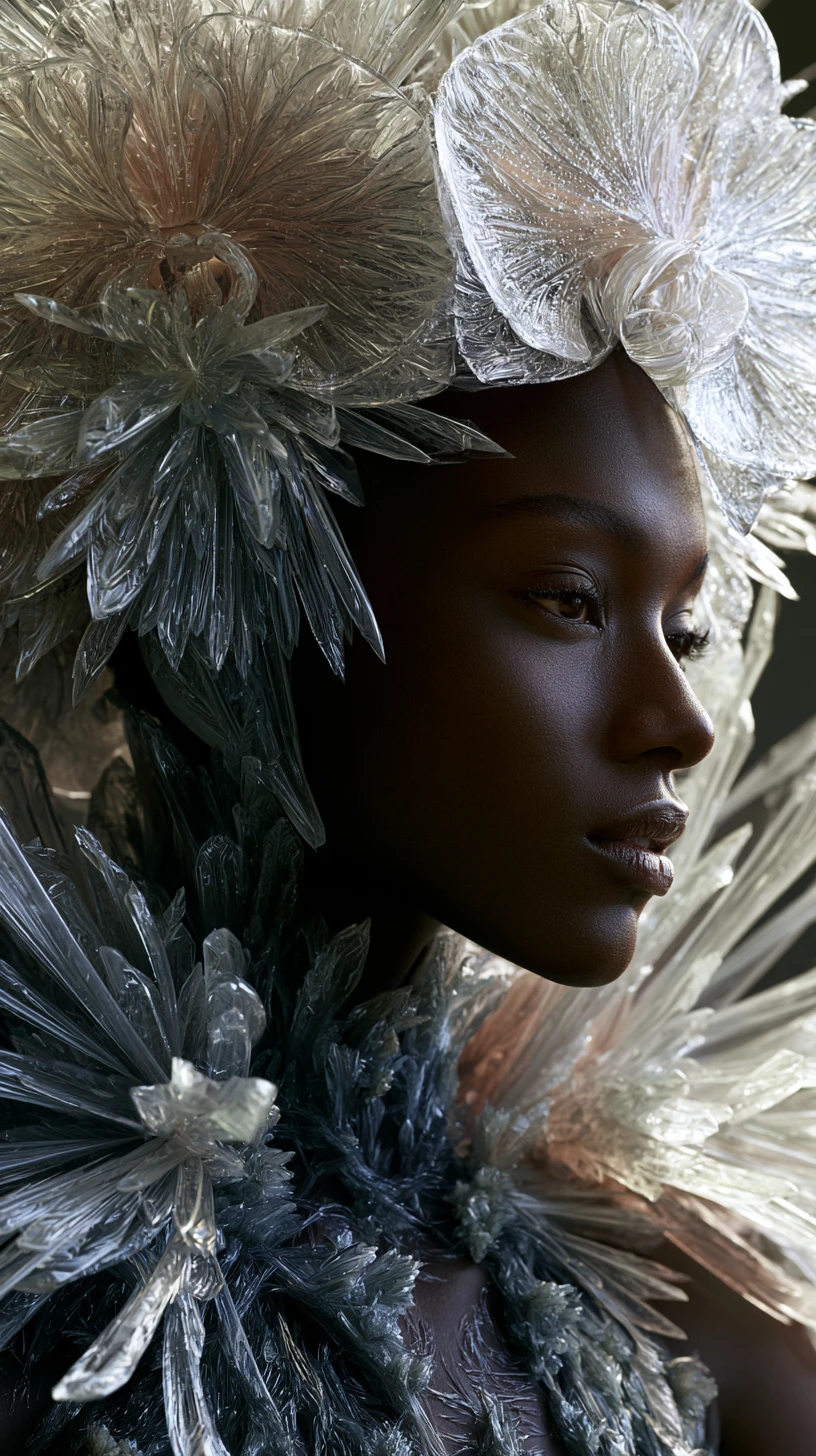 Confident ebony model in futuristic crystalline couture