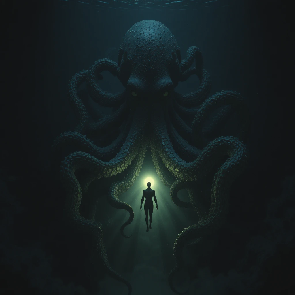 Glowing human figure drifting before a colossal deep sea octopus