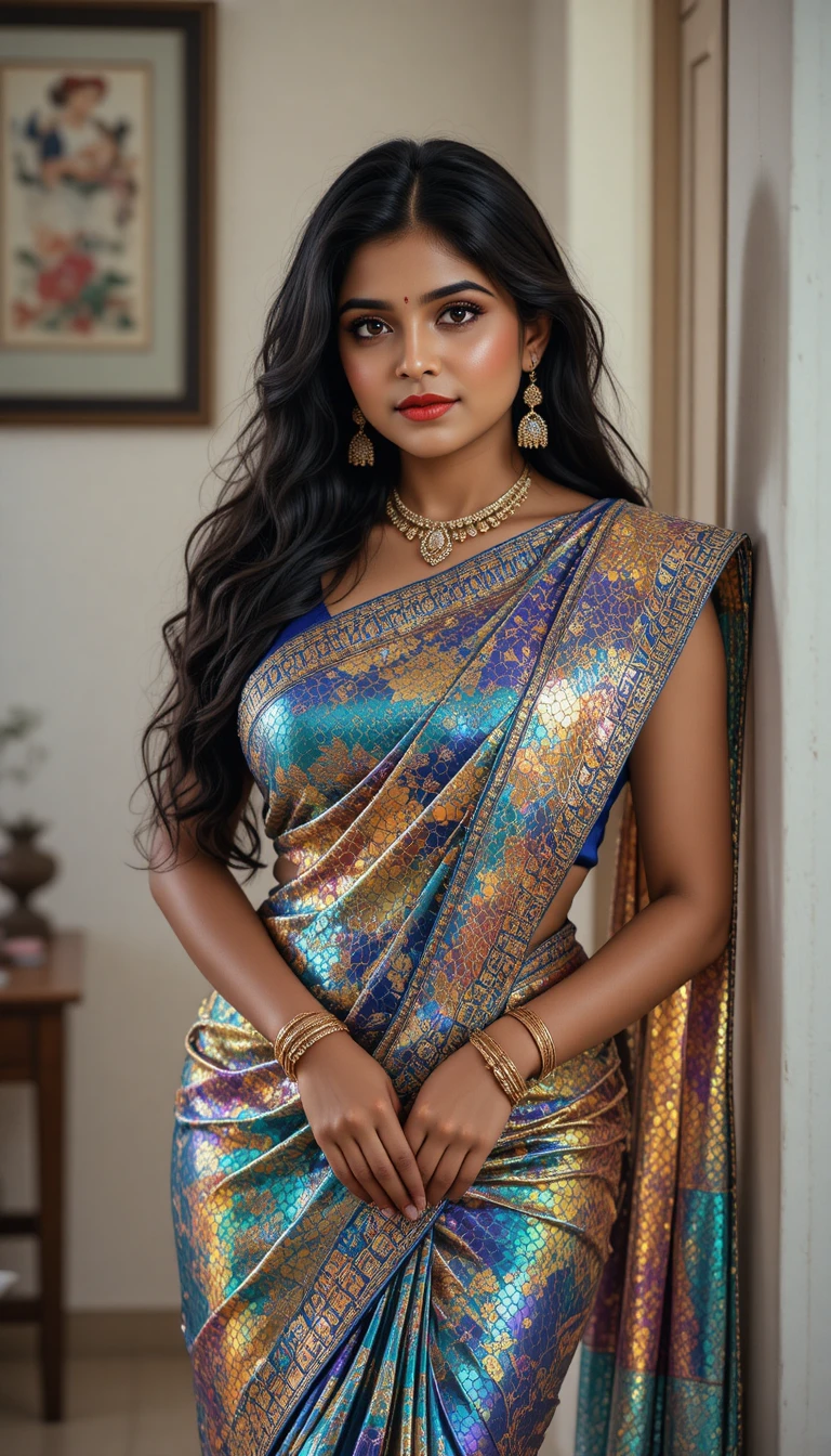 Indian woman in glossy saree bending at the waist indoors