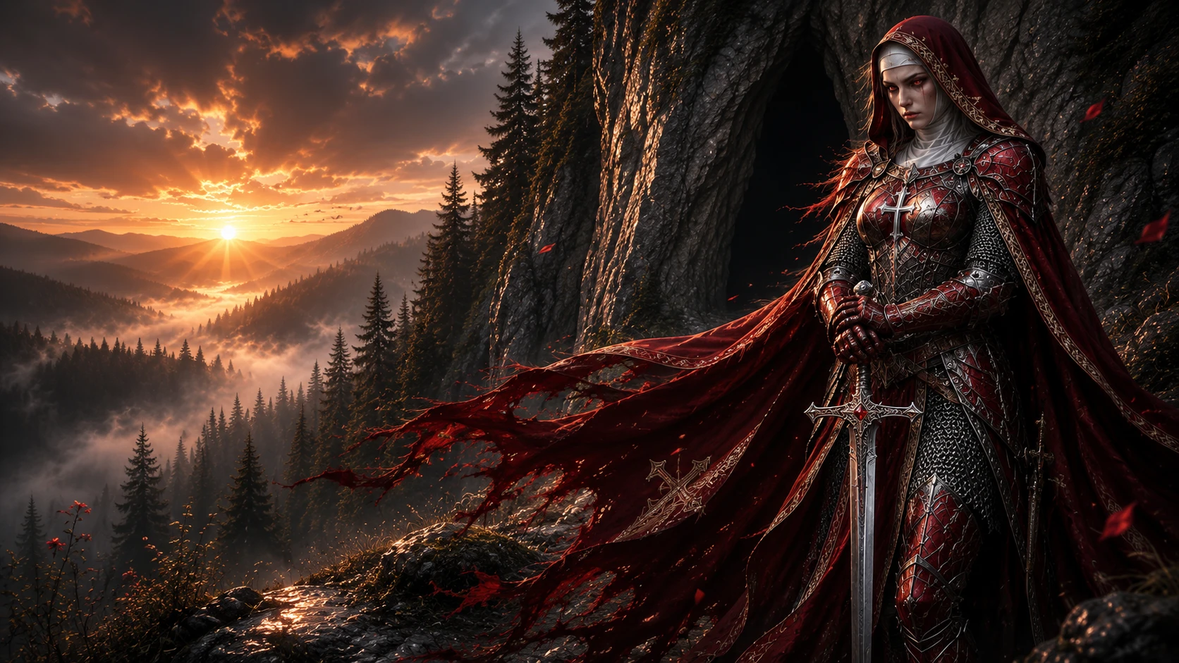 Warrior nun in red armor at a dark mountain cave