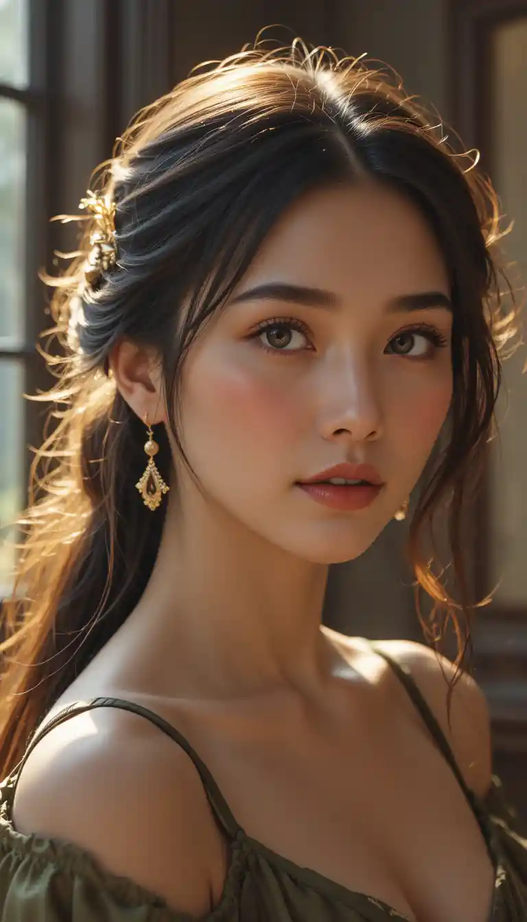 Serene young woman portrait in soft backlit window glow