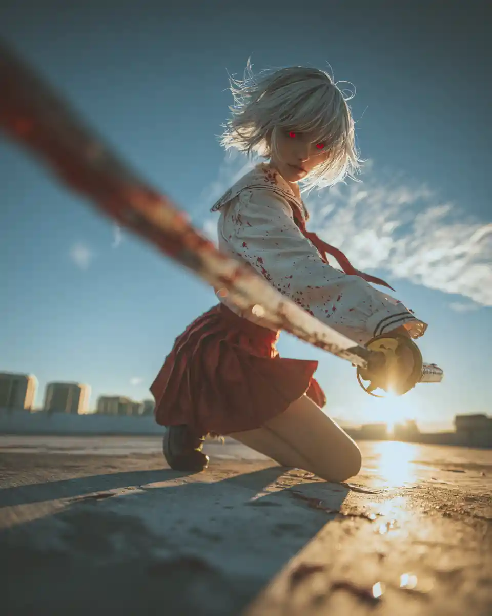 Anime girl with katana on sunlit rooftop in low angle view