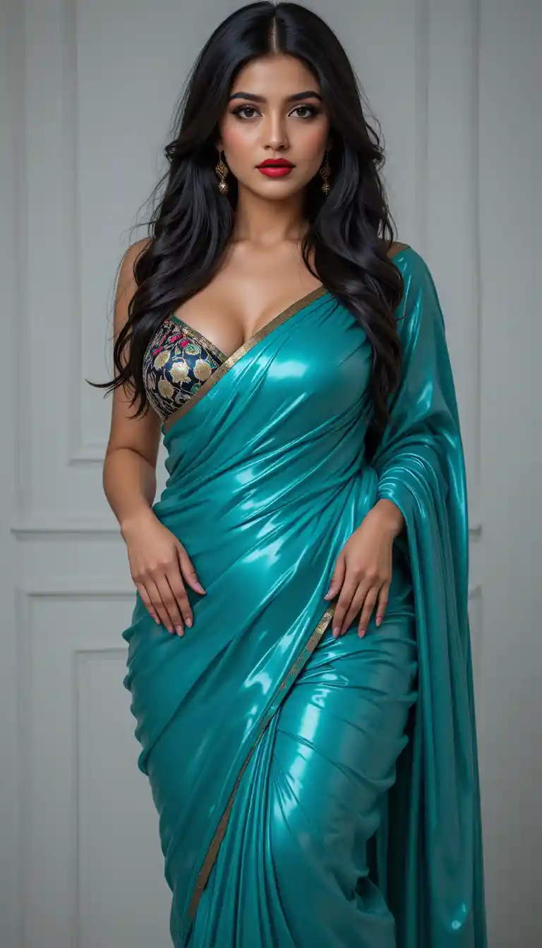 Pakistani woman in latex saree posing in studio