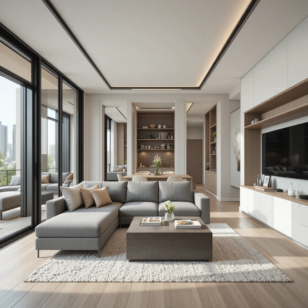 Modern small apartment living room with multifunctional furniture