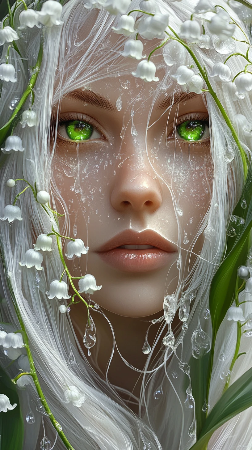 Ethereal white haired woman with lilies and glowing green eyes