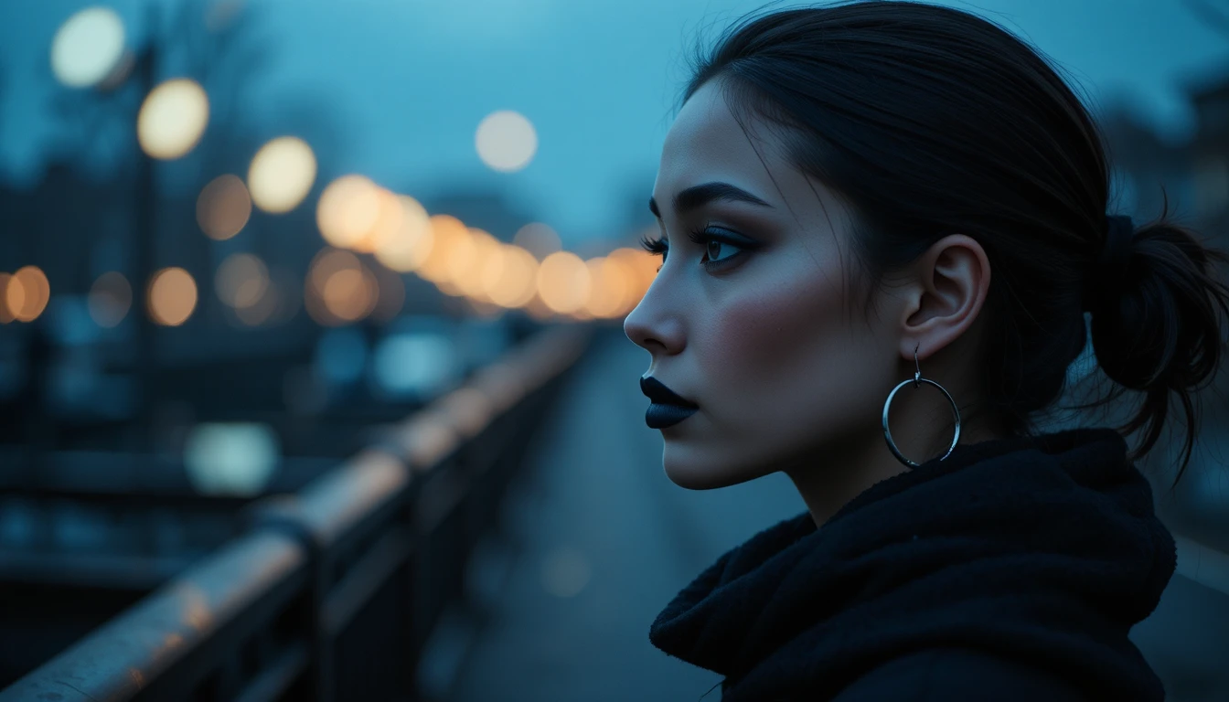 Woman with dark makeup in profile against city night lights