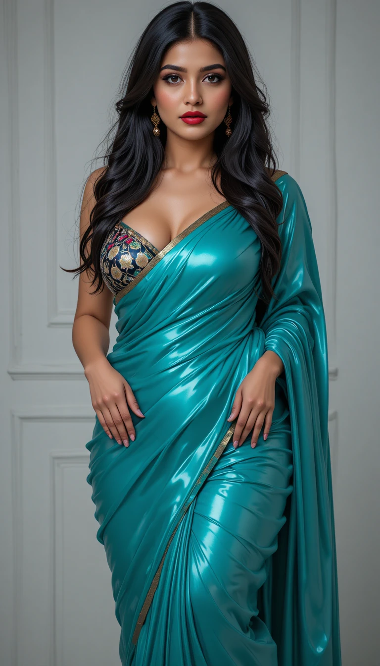 Pakistani woman in latex saree posing in studio