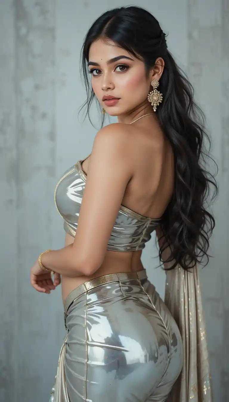 Full body woman in glossy saree with exposed navel