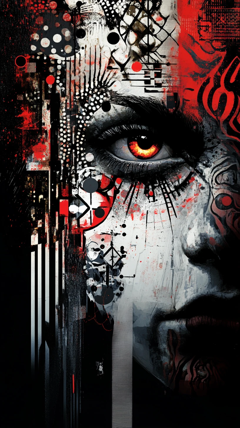 Surreal layered faces with a single glowing eye