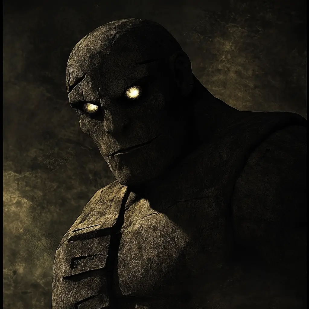 Expressionistische Golem-Figur mit leeren Augen und stumpfem Blick