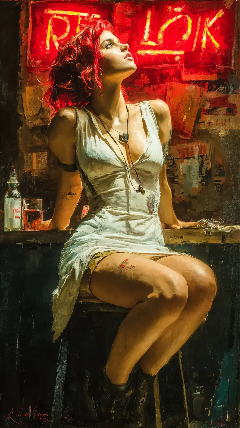 Muscular red haired woman in neon lit cyberpunk room