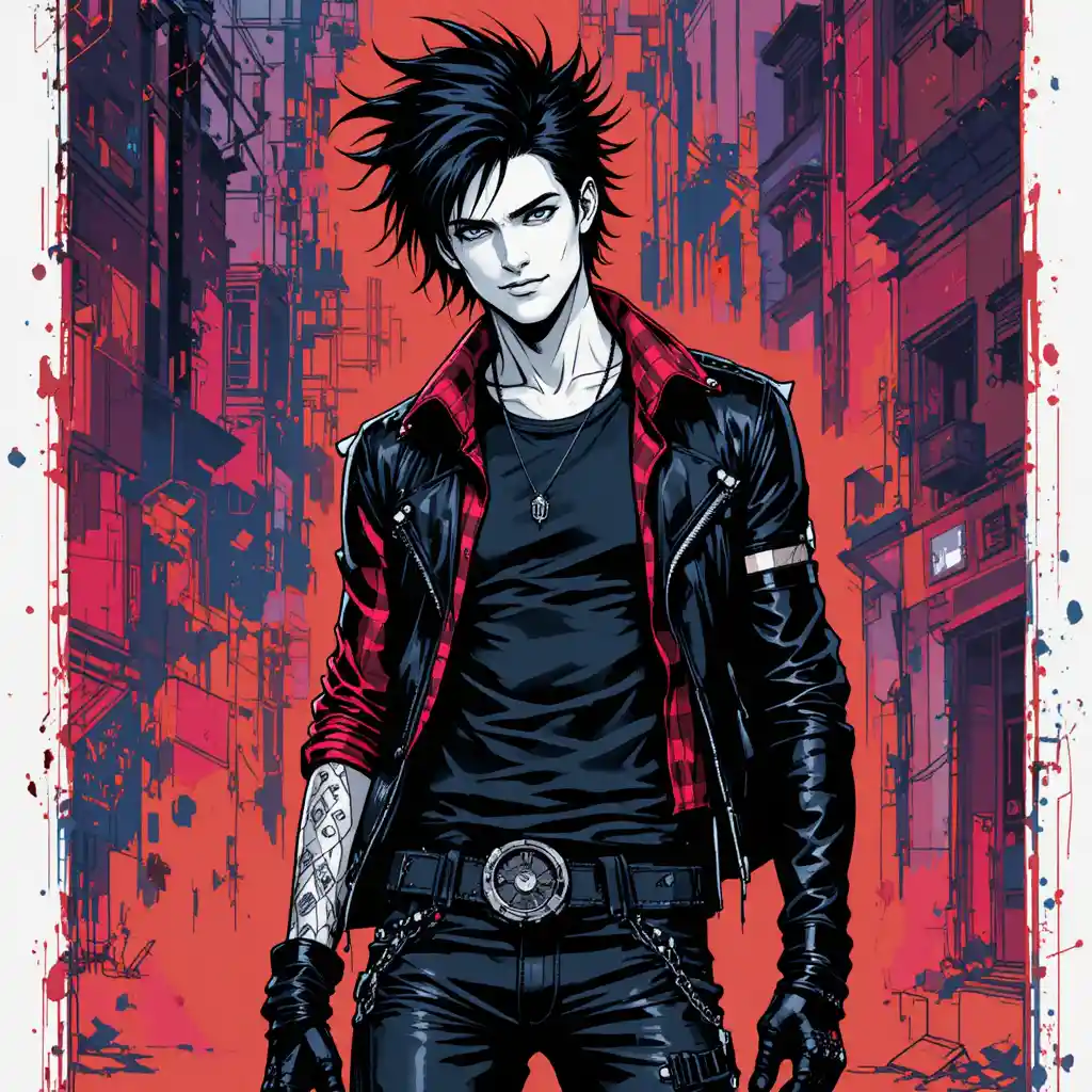 Slim punk man with messy black hair and dark makeup