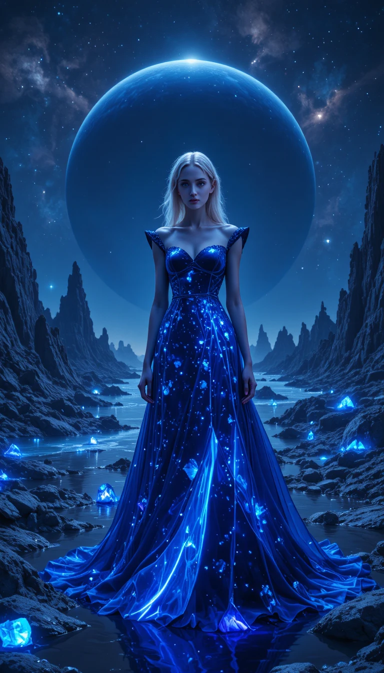 Surreal woman in night sky dress on alien shoreline