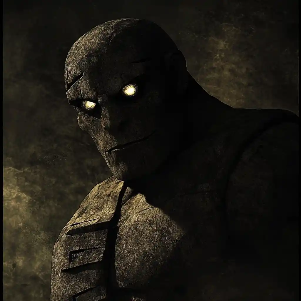 Expressionist golem figure with empty eyes and dull gaze