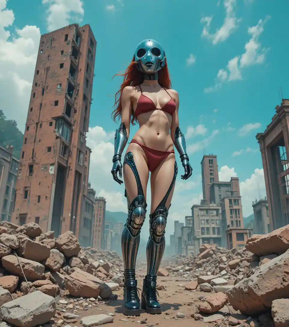 Cyberpunk woman in armor sitting in ruined sci fi city