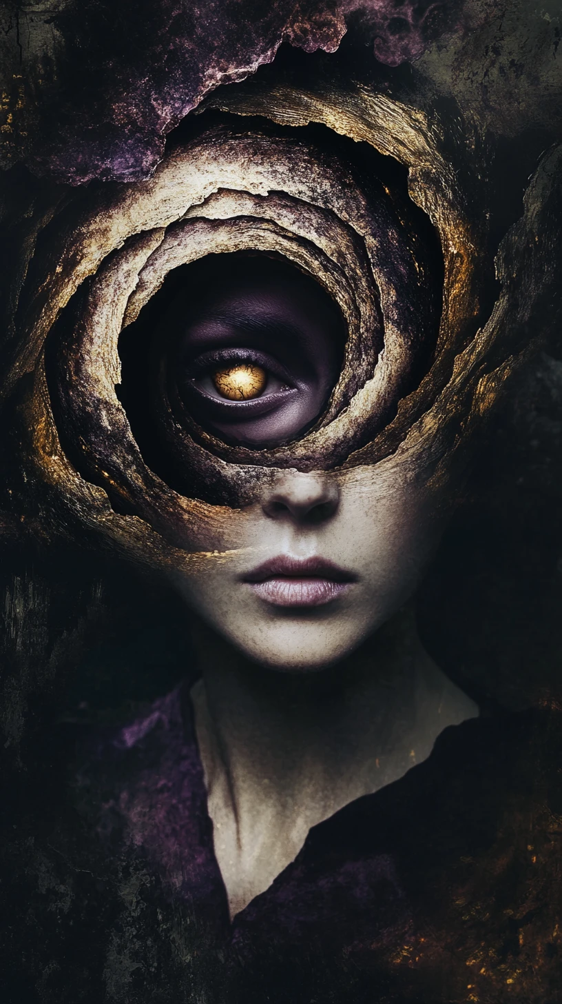 Donna surreale con occhio a spirale in interno barocco oscuro