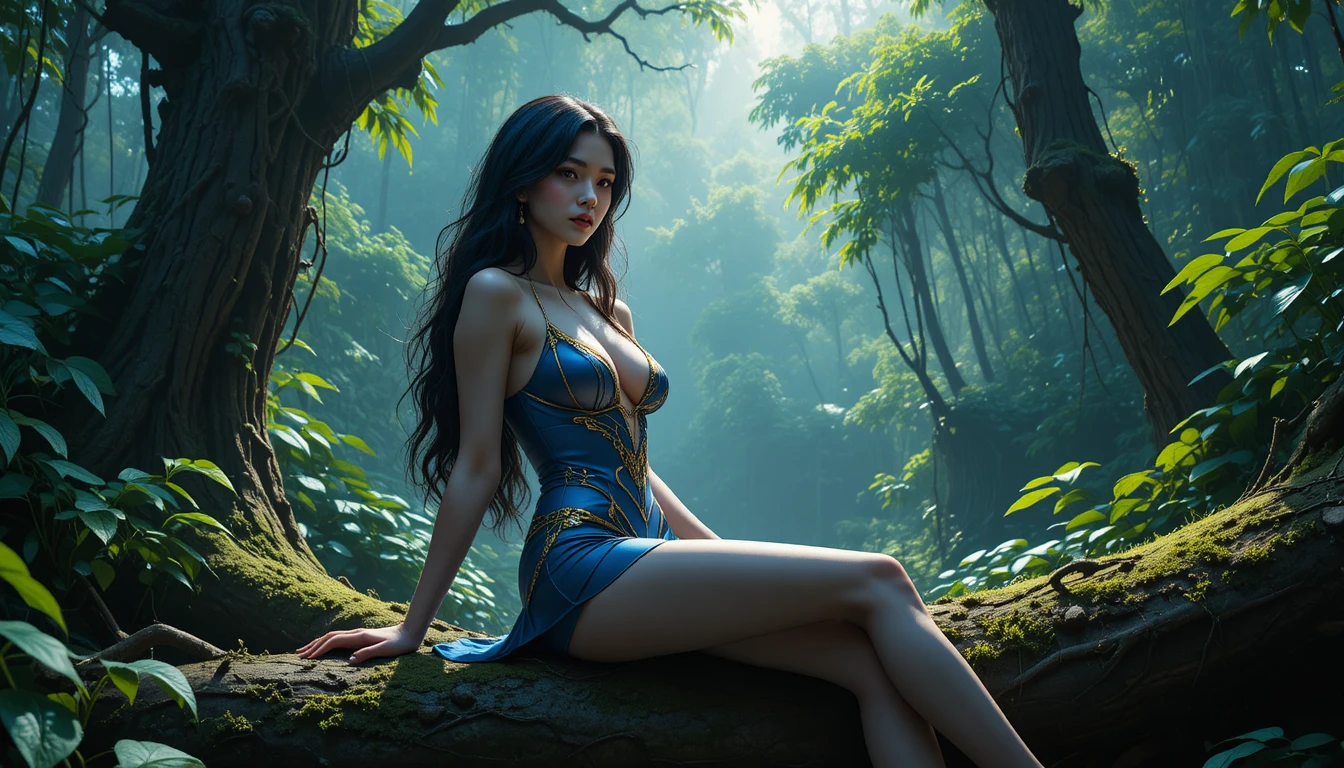 Sensual young woman on mossy log in misty forest