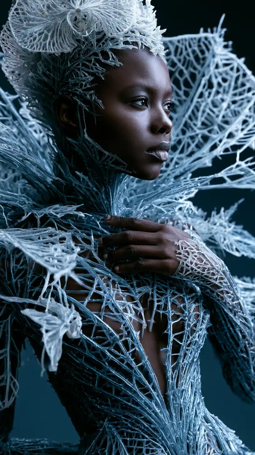 Confident ebony fashion model in living crystalline couture