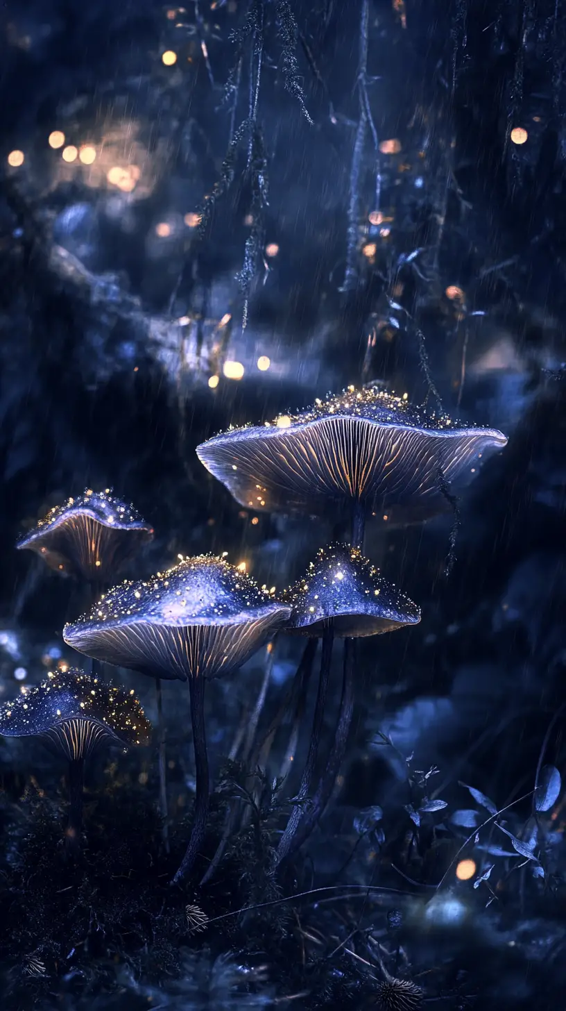 Foresta Bioluminescente con Funghi Luminosi e Spore Fluttuanti