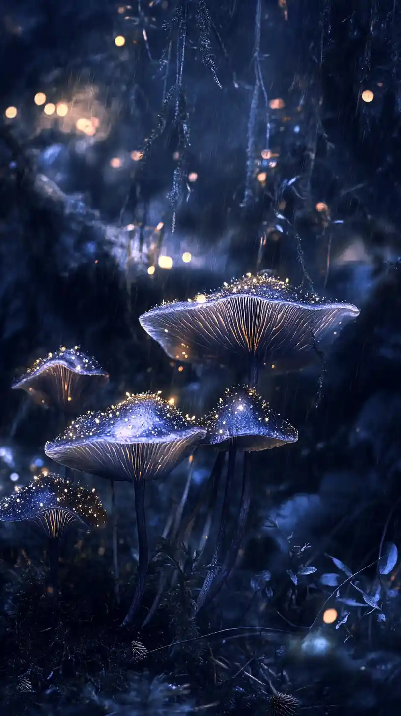 Bioluminescent Forest With Glowing Mushrooms And Floating Spores