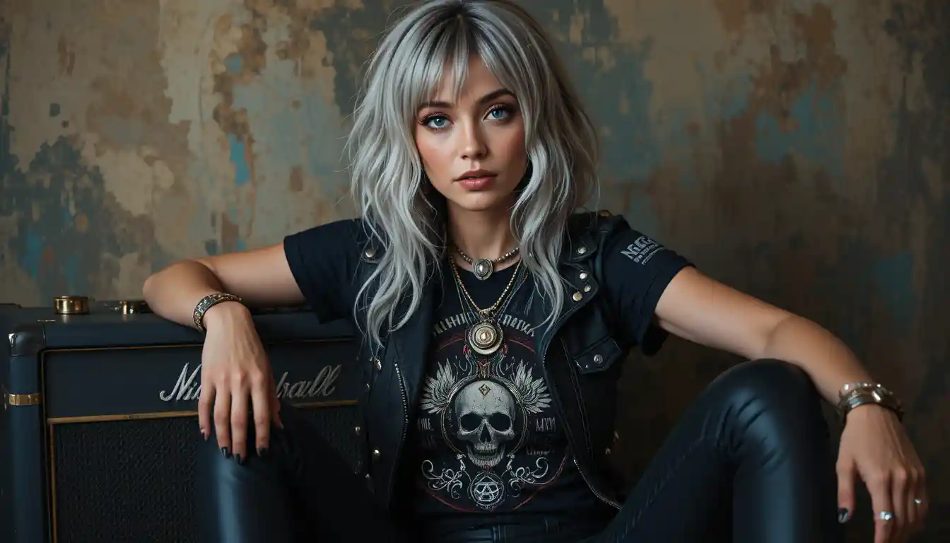 Rock style blonde woman posing with amplifier and leather outfit