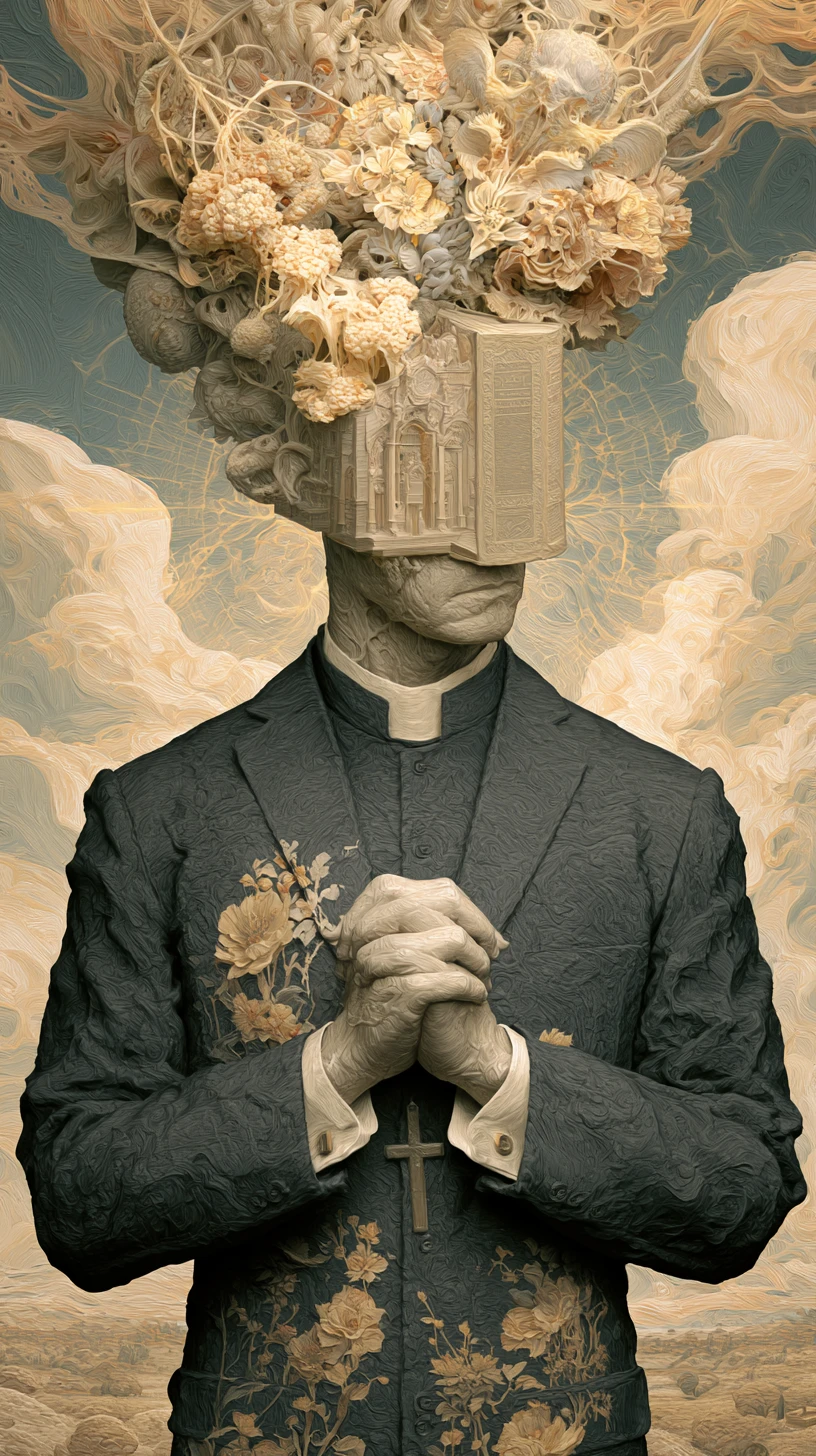 Man in church clothes with playful prayer inspired vibe