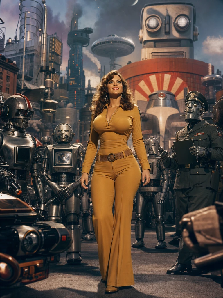 Donna provocante in una città distopica degli anni ’70 dominata dai robot