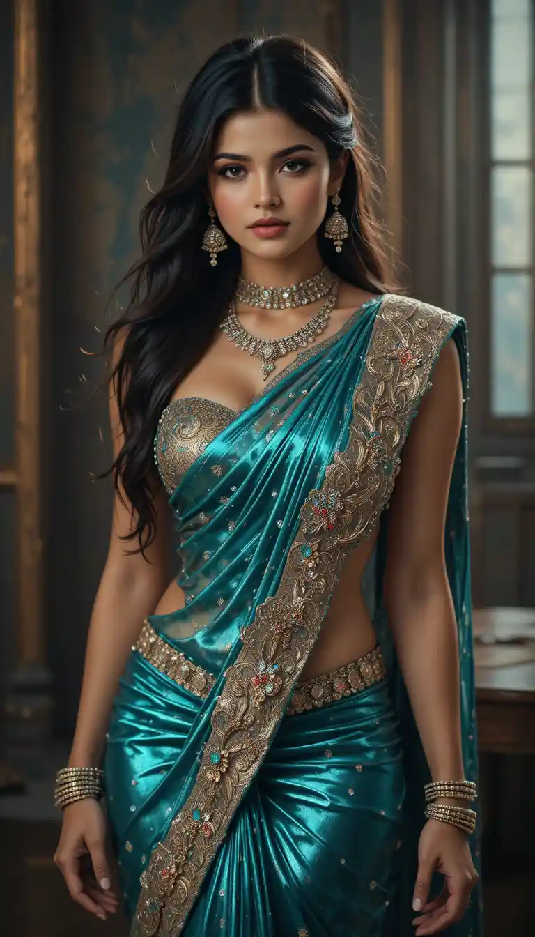 Indian saree clad woman with jewelry and seductive gaze