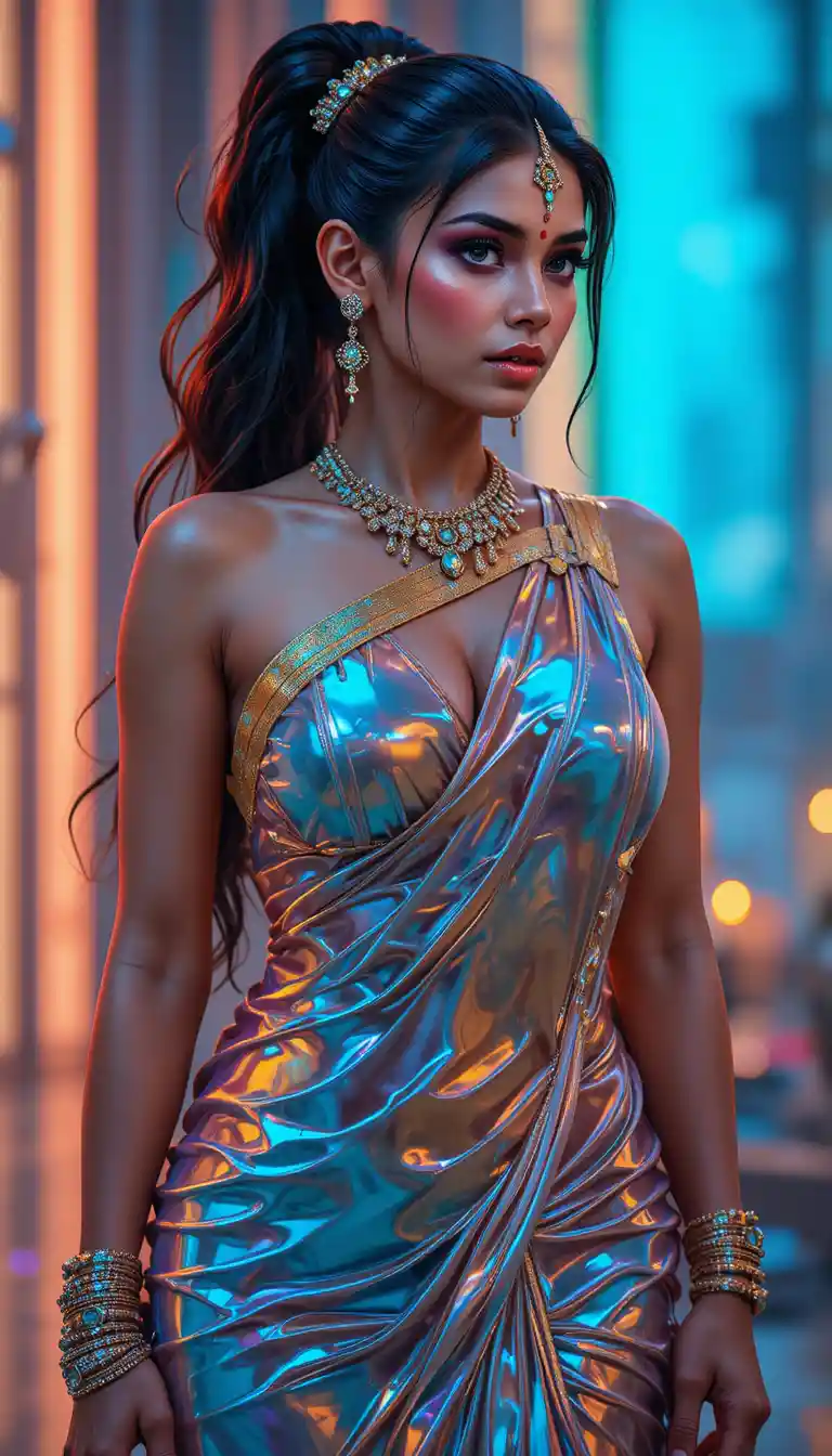 Indian woman in glossy mirror saree full body portrait