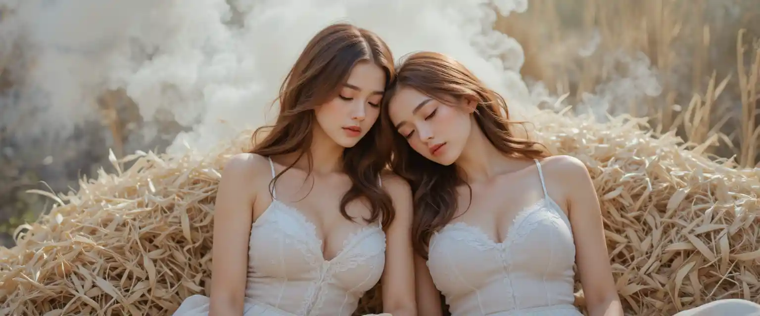 Due donne che riposano vicine sulla paglia alla luce soffusa del giorno