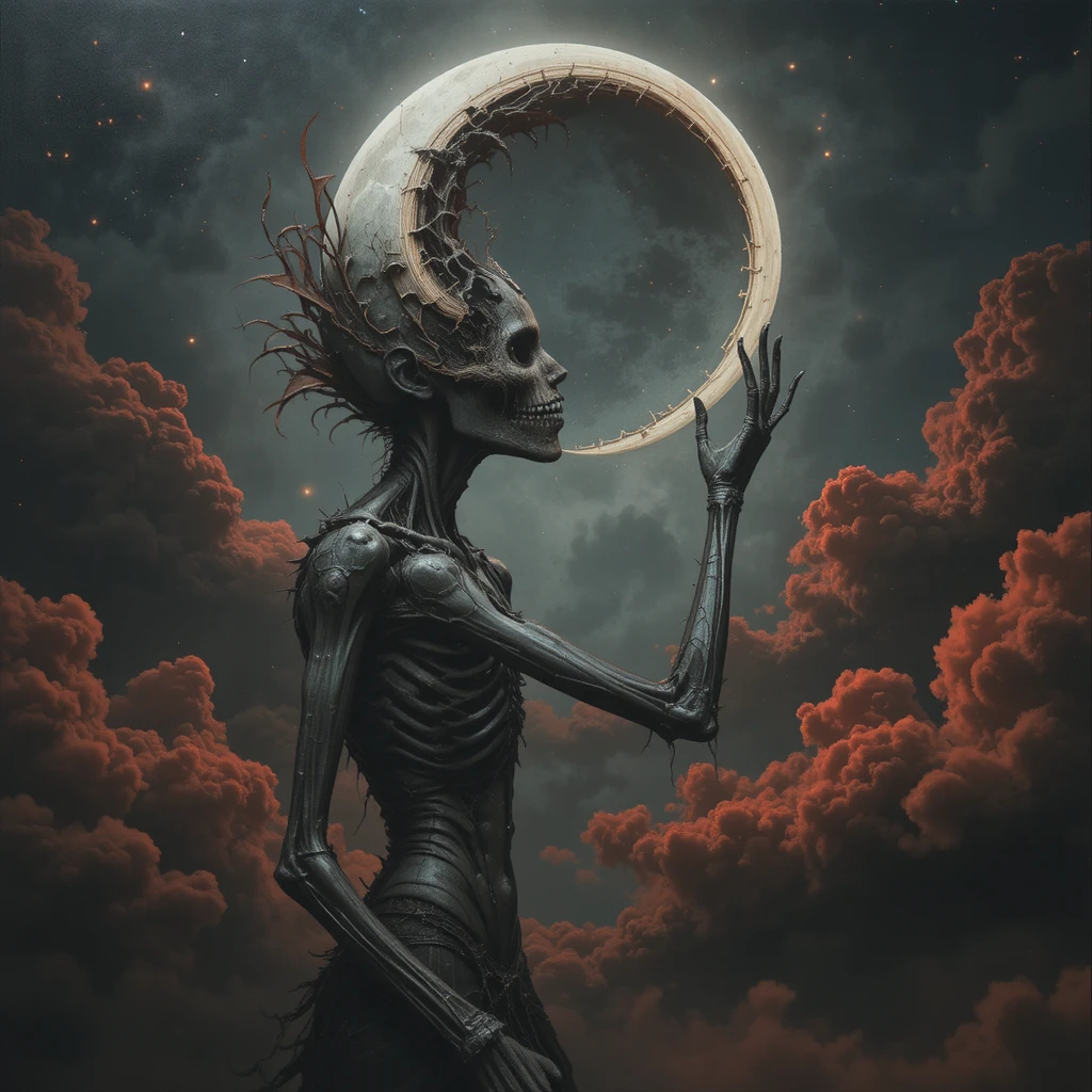 Gaunt monster reaching for a twisted crescent moon