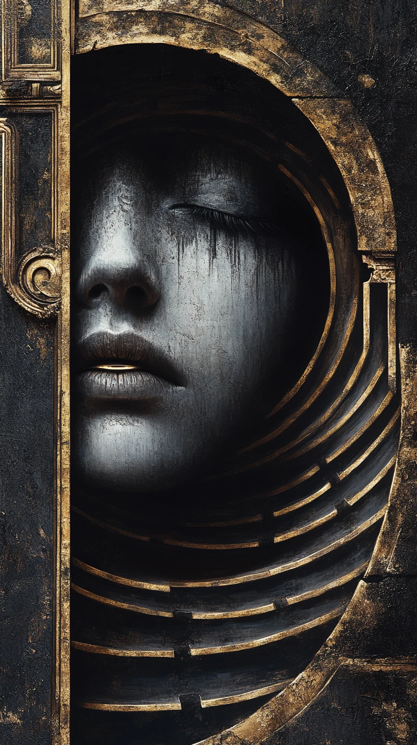 Surreal human face dissolving into an infinite spiral corridor