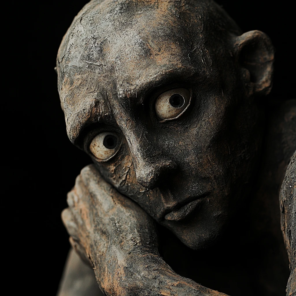 Classical golem with empty eyes in dark expressionist style