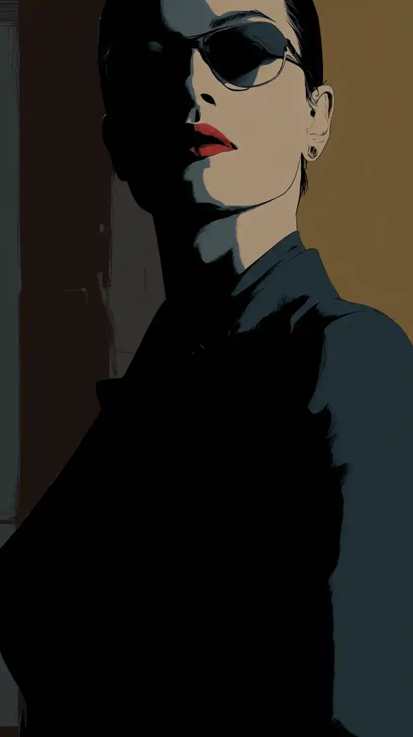Noir city spy woman under harsh neon night light