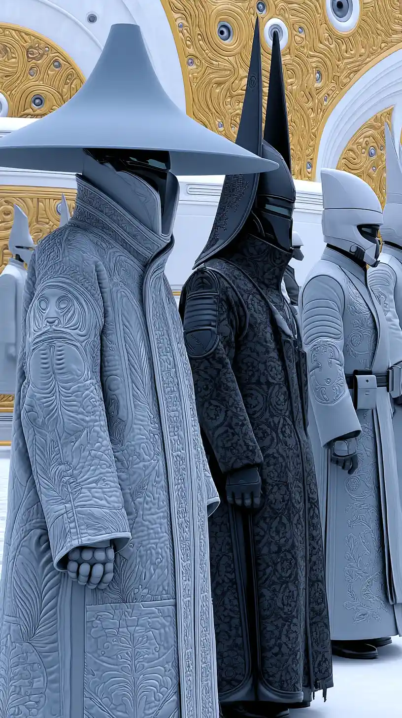 Cyberpunk guards in a surreal golden palace interior