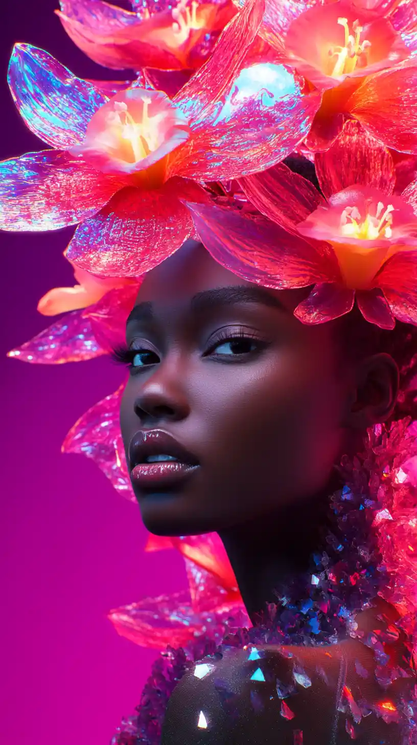 Confident ebony model in avant garde crystalline couture